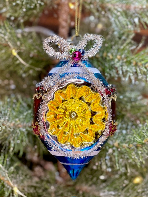 VINTAGE TINSEL BLUE WITH YELLOW REFLECTOR ORNAMENT 4220032