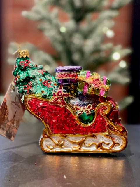 HURAS FAMILY GLASS ORNAMENTS - SLEIGH WITH GIFTS AND CHRISTMAS TREE A661