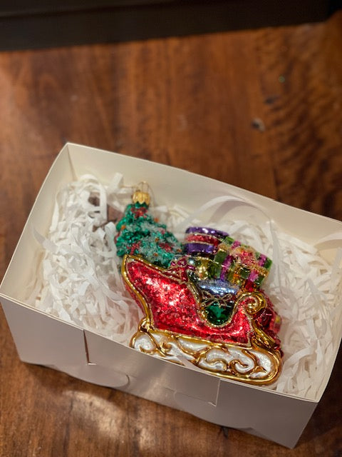 HURAS FAMILY GLASS ORNAMENTS - SLEIGH WITH GIFTS AND CHRISTMAS TREE A661