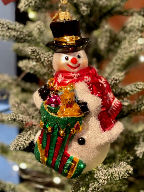 HURAS FAMILY GLASS ORNAMENTS - SNOWMAN IWTH STOCKING S397C