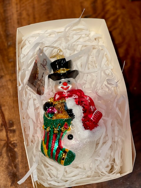 HURAS FAMILY GLASS ORNAMENTS - SNOWMAN IWTH STOCKING S397C