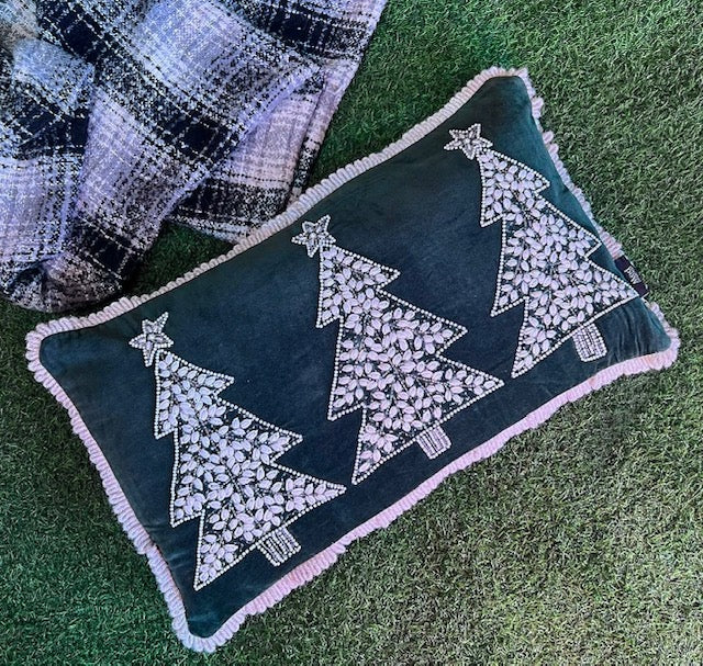 EMERALD GREEN VELOUR WITH BEADED TREES RECTANGLE PILLOW