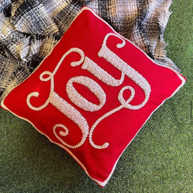 RED FELTED WOOL JOY BEADED SQUARE PILLOW