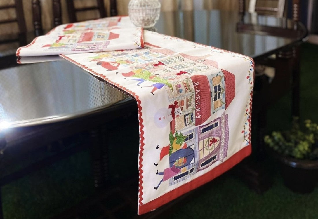 CHRISTMAS VILLAGE EMBROIDERED BEADED TABLE RUNNER MAKING SPIRITS BRIGHT