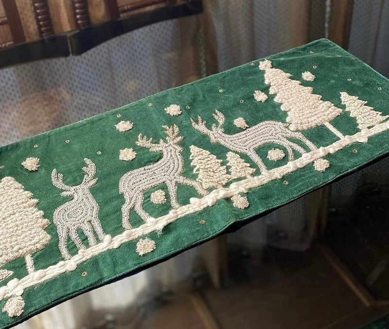 EMERALD GREEN VELOUR BEADED AND EMBROIDERED TABLE RUNNER