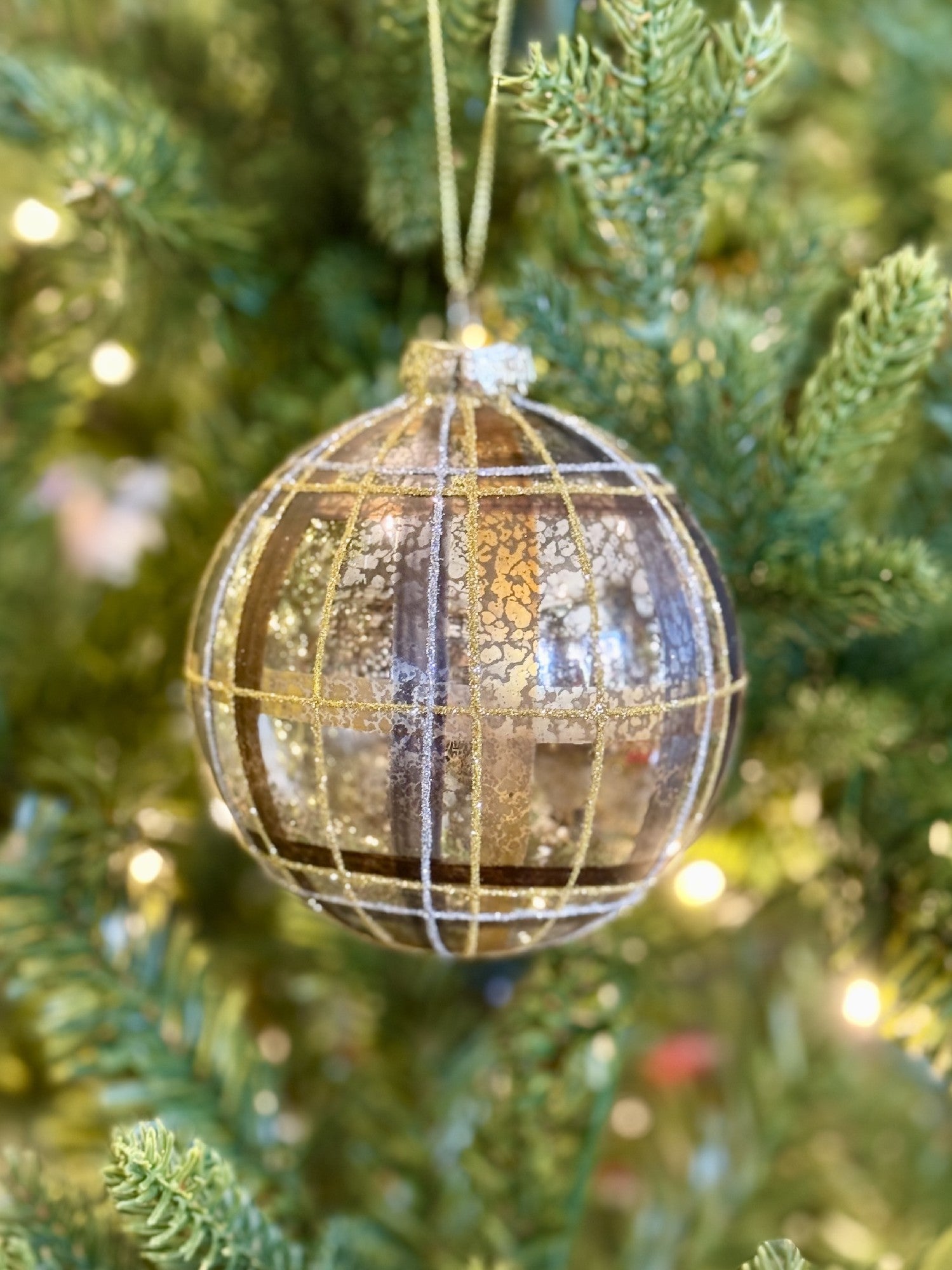BRONZE GOLD PLAID ROUND GLASS ORNAMENT4224504
