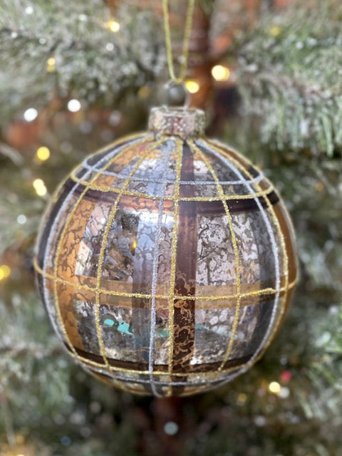 BRONZE GOLD PLAID ROUND GLASS ORNAMENT4224504