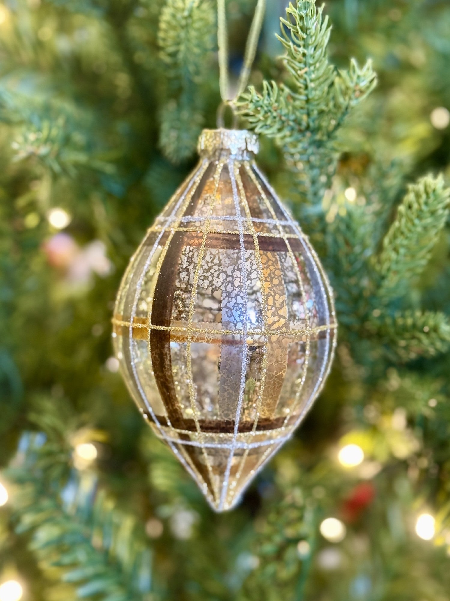 BRONZE GOLD PLAID TEARDROP GLASS ORNAMENT 4224504
