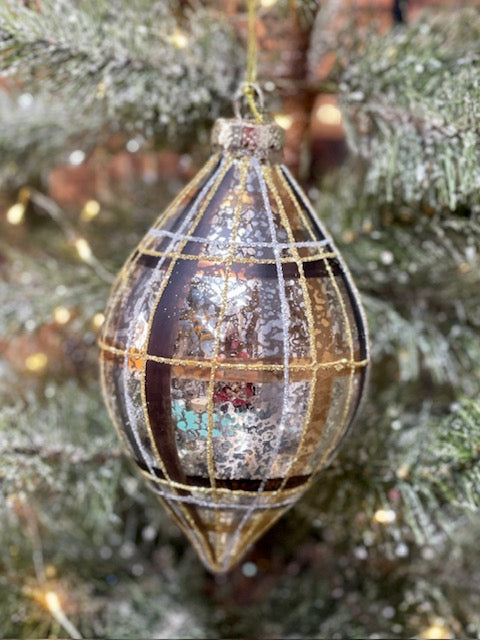 BRONZE GOLD PLAID TEARDROP GLASS ORNAMENT 4224504