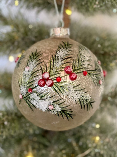 MERCURY AGED WITH PINE & BERRY ROUND GLASS ORNAMENT 4222868