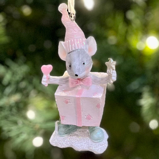 PASTEL MOUSE DRESSED AS PRESENT HANGING ORNAMENT XMIC05
