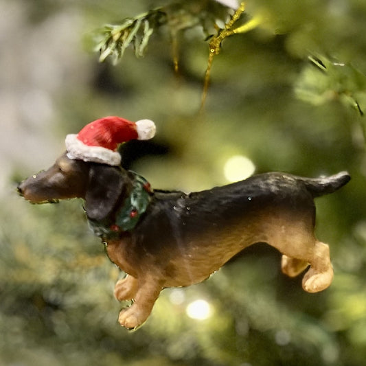 CHRISTMAS DACHSHUND WITH HOLLY COLLAR HANGING ORNAMENT XCD162