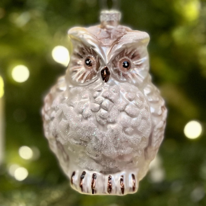 WHITE FRONT FACING OWL GLASS HANGING ORNAMENT 4224622