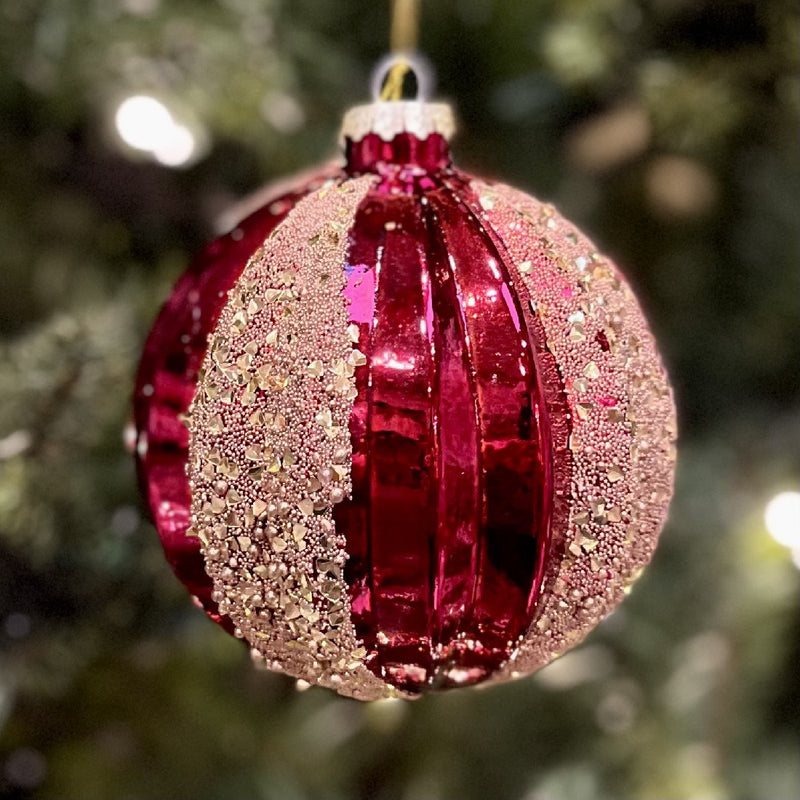 RED WITH GOLD GLITTER WIDE STRIPE GLASS HANGING ORNAMENT XGFLMGR2