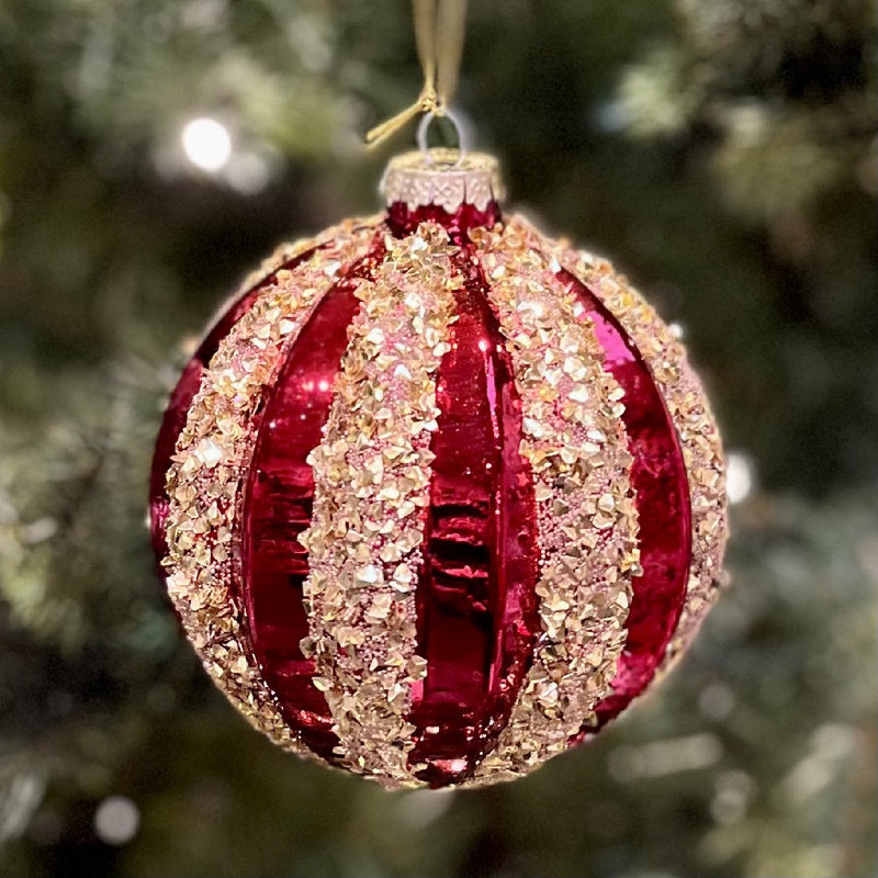 RED WITH GOLD GLITTER THIN STRIPE GLASS HANGING ORNAMENT XGFLMGR2