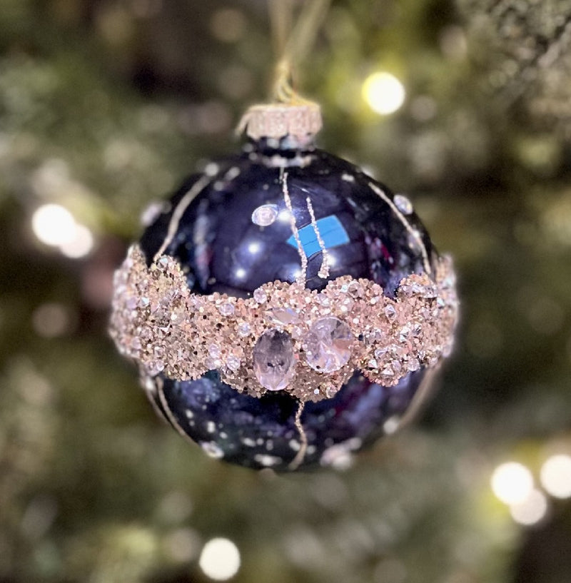 BLUE WITH CHAMPAGNE GLITTER BAND ROUND GLASS HANGING ORNAMENT XGFLMBS2