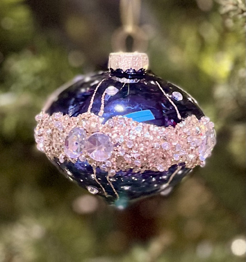 BLUE WITH CHAMPAGNE GLITTER BAND ONION GLASS HANGING ORNAMENT XGFLMBS2