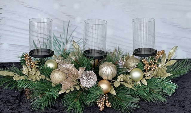 TRIPLE GLASS SLEEVE TABLE CENTREPIECE WITH MIXED SPRUCE & CHAMPAGNE POINSETTIA XA003S