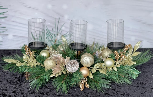 TRIPLE GLASS SLEEVE TABLE CENTREPIECE WITH MIXED SPRUCE & CHAMPAGNE POINSETTIA XA003S