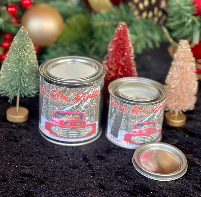 VINTAGE DECK THE HALLS SMALL PAINT CAN CANDLE 1/4 PINT