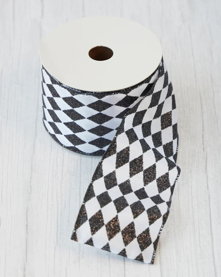 BLACK & WHITE HARLEQUIN 2.5 INCH WIDE WIRE EDGED RIBBON X2469