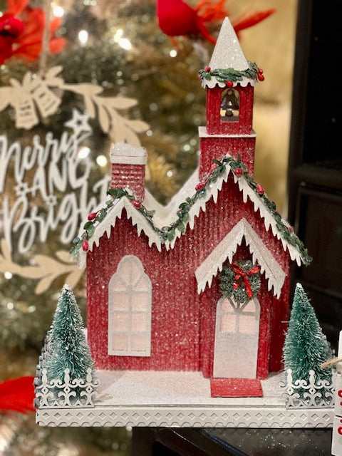 LIGHTED RED CHURCH WITH SNOWY ACCENTS 4212501
