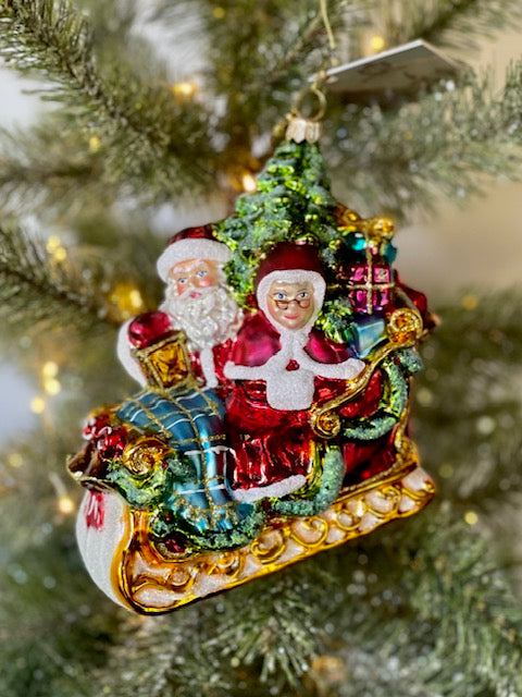 HURAS FAMILY GLASS ORNAMENTS - SANTA & MRS CLAUS IN SLEIGH S343