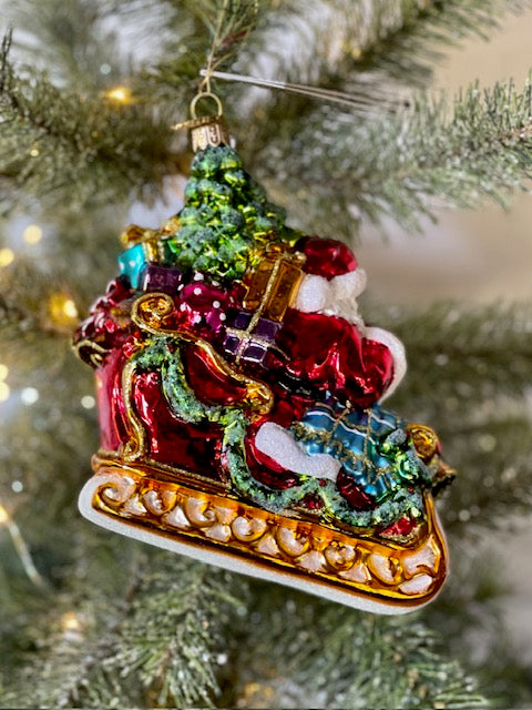 HURAS FAMILY GLASS ORNAMENTS - SANTA & MRS CLAUS IN SLEIGH S343