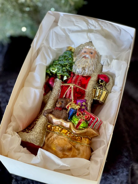 HURAS FAMILY GLASS ORNAMENTS - SANTA WITH CHRISTMAS TREE & SACK S494