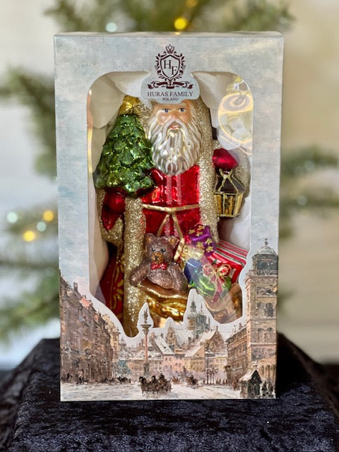 HURAS FAMILY GLASS ORNAMENTS - SANTA WITH CHRISTMAS TREE & SACK S494