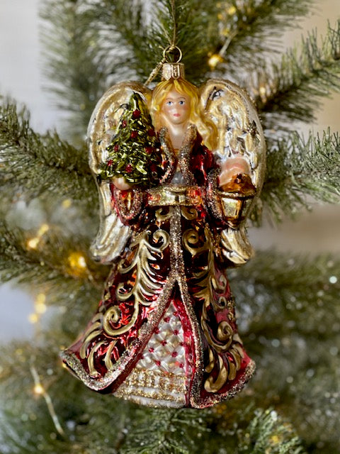HURAS FAMILY GLASS ORNAMENTS - ANGEL WITH CHRISTMAS TREE & LANTERN S859