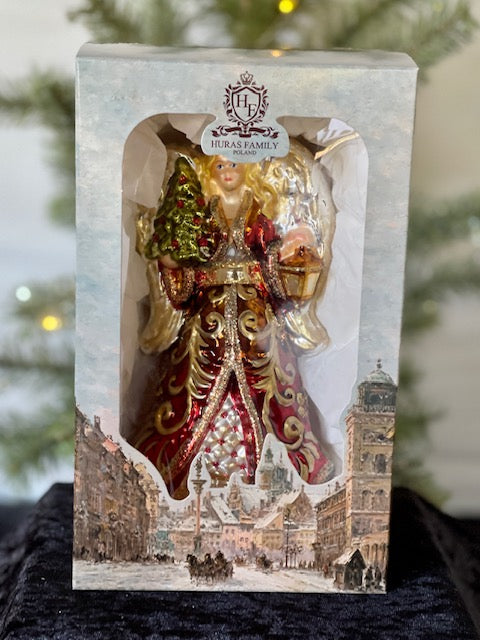 HURAS FAMILY GLASS ORNAMENTS - ANGEL WITH CHRISTMAS TREE & LANTERN S859