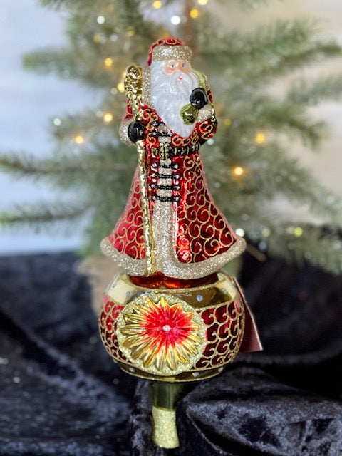 HURAS FAMILY GLASS ORNAMENTS - TREE TOPPER WITH SANTA RED T08