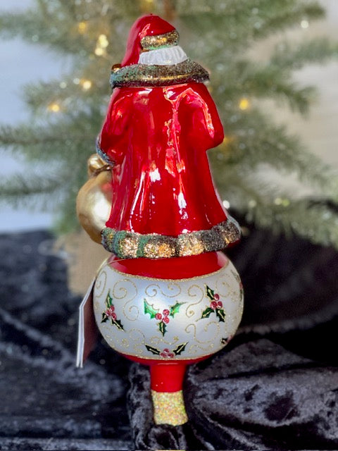 HURAS FAMILY GLASS ORNAMENTS - TREE TOPPER WITH FLOWERY SANTA T13