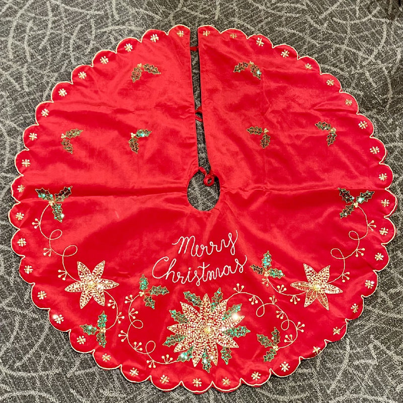 RED EMBROIDERED POINSETTIA TREE SKIRT JOM001