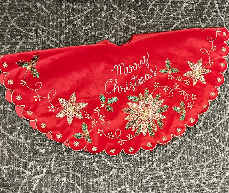 RED EMBROIDERED POINSETTIA TREE SKIRT JOM001