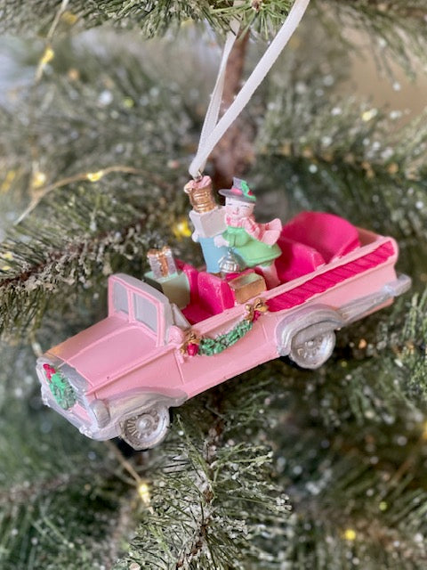 VINTAGE PINK CAR WITH SNOWMAN HANGING ORNAMENT MT038