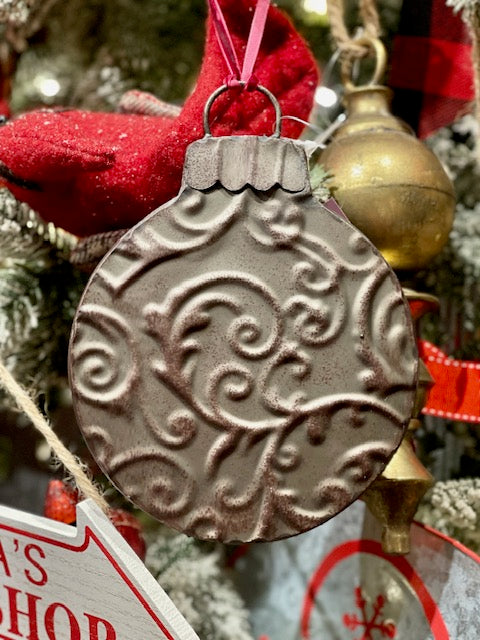 EMBOSSED TIN BAUBLE HANGING ORNAMENT 9522