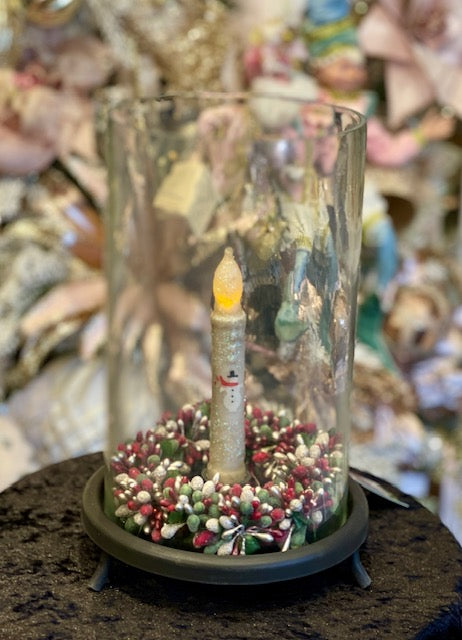 COPENHAGEN CANDLE STAND WITH GREY/BURG/GREEN WREATH & PRIMITIVE FAUX CANDLE 4112