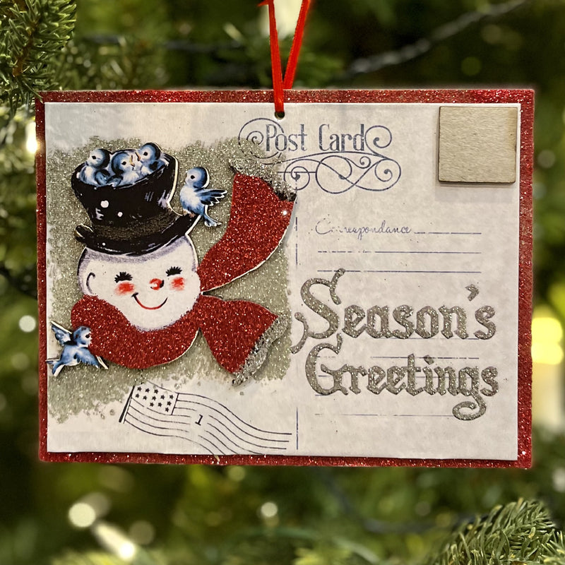 VINTAGE SNOWMAN POST CARD 6 INCH HANGING ORNAMENT 4319072