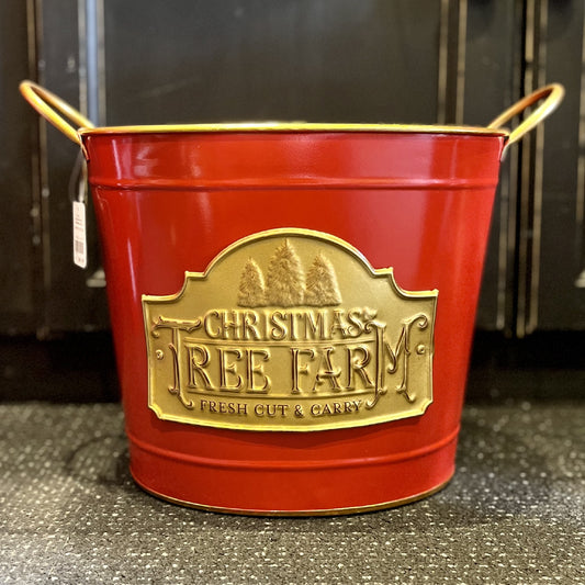 RED OVAL BUCKET WITH GOLD CHRISTMAS TREE FARM ACCENT LARGE 10 INCH 4312347