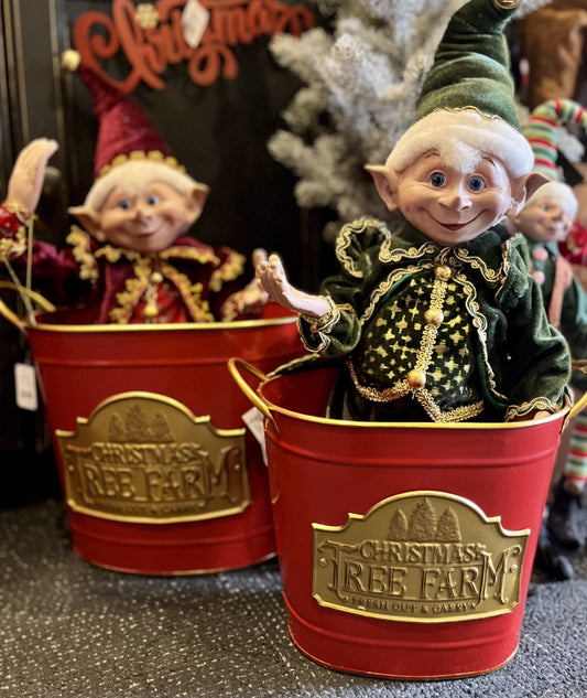 RED OVAL BUCKET WITH GOLD CHRISTMAS TREE FARM ACCENT LARGE 10 INCH 4312347