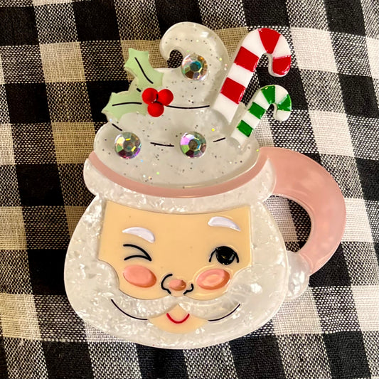 DREAMING OF A WHIPPY CHRISTMAS SANTA MUG PINK BROOCH BR-100P