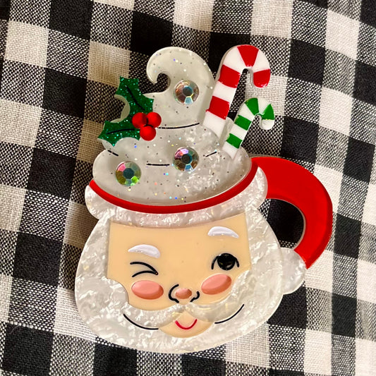 DREAMING OF A WHIPPY CHRISTMAS SANTA RED MUG BROOCH BR-100R