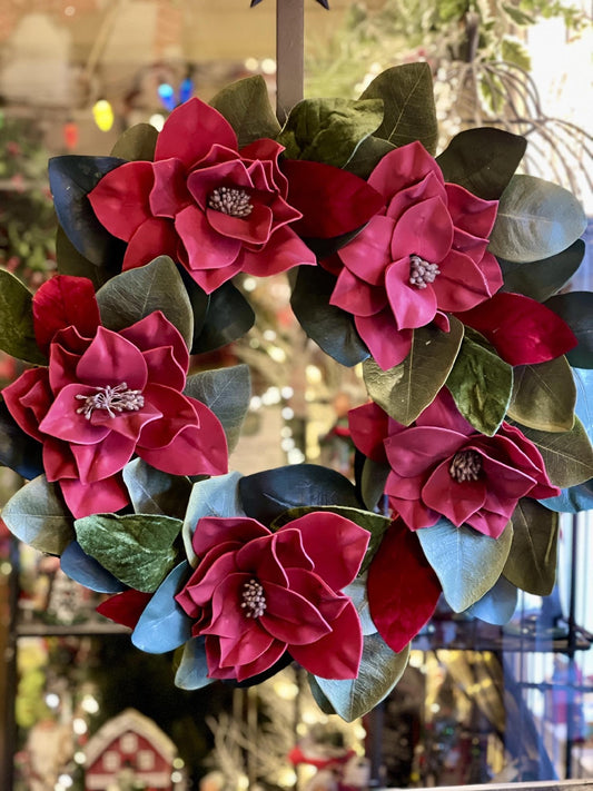 MAGNOLIA & RED POINSETTIAS WREATH 