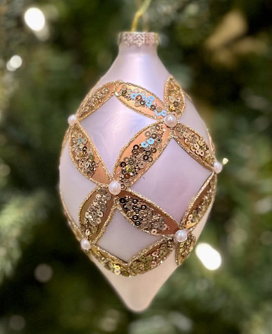 WHITE & GOLD HARLEQUIN TEARDROP GLASS ORNAMENT 4322928