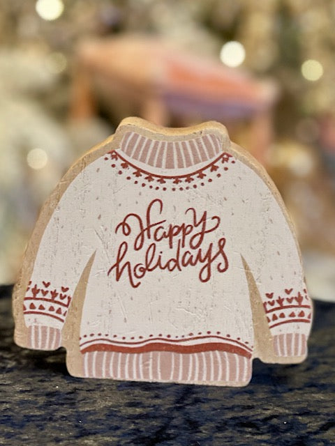 WHITE HAPPY HOLIDAYS CHRISTMAS SWEATER CHUNKY SHELF SITTER 36341