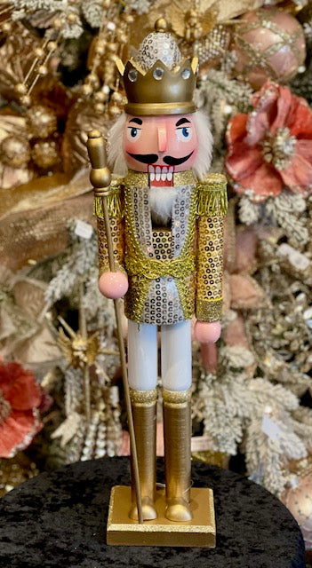 GOLD SEQUIN WOODEN NUTCRACKER WITH STAFF XWANST3
