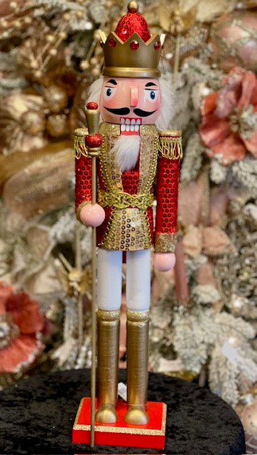 RED & GOLD SEQUIN WOODEN NUTCRACKER WITH STAFF XWANST3