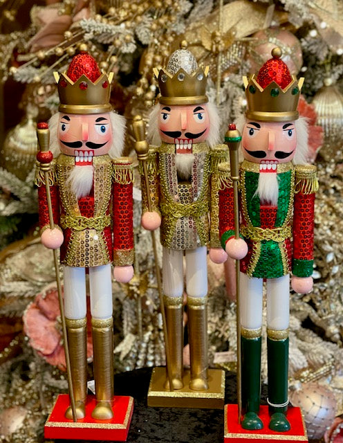 RED & GOLD SEQUIN WOODEN NUTCRACKER WITH STAFF XWANST3